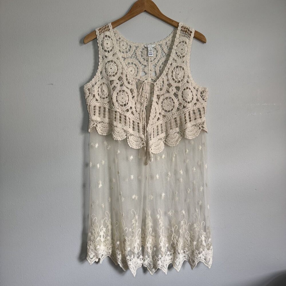 Crochet Mesh Vest Womens Small Cream Boho Embroidered Tie Front Cottagecore